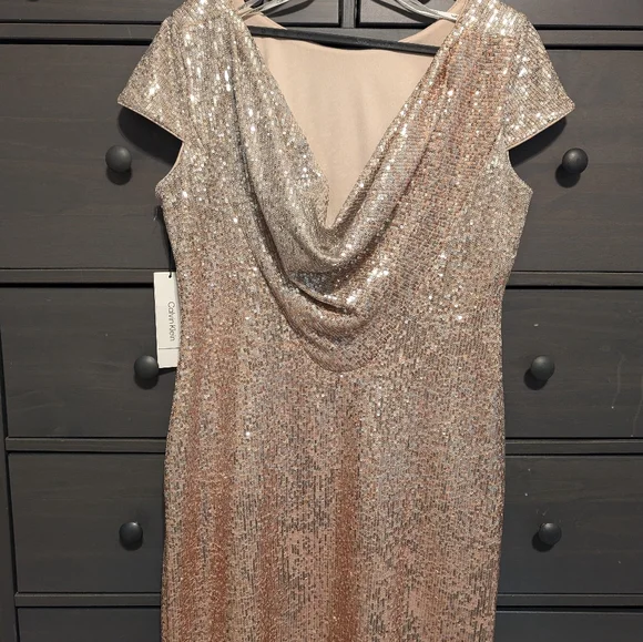 Calvin Klein Shimmering Gold Sequin Midi Dress - Picture 6 of 9